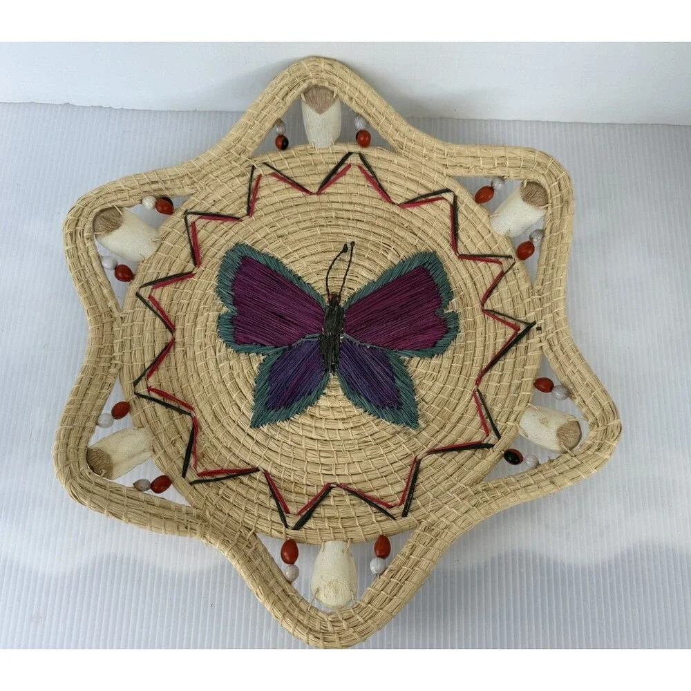 Vintage Hand Woven Butterfly Basket Shallow Decorative Wicker Boho Wall Decor